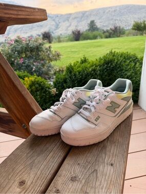 New Balance White Sneakers with Pastel Green and Soft Yellow Accents